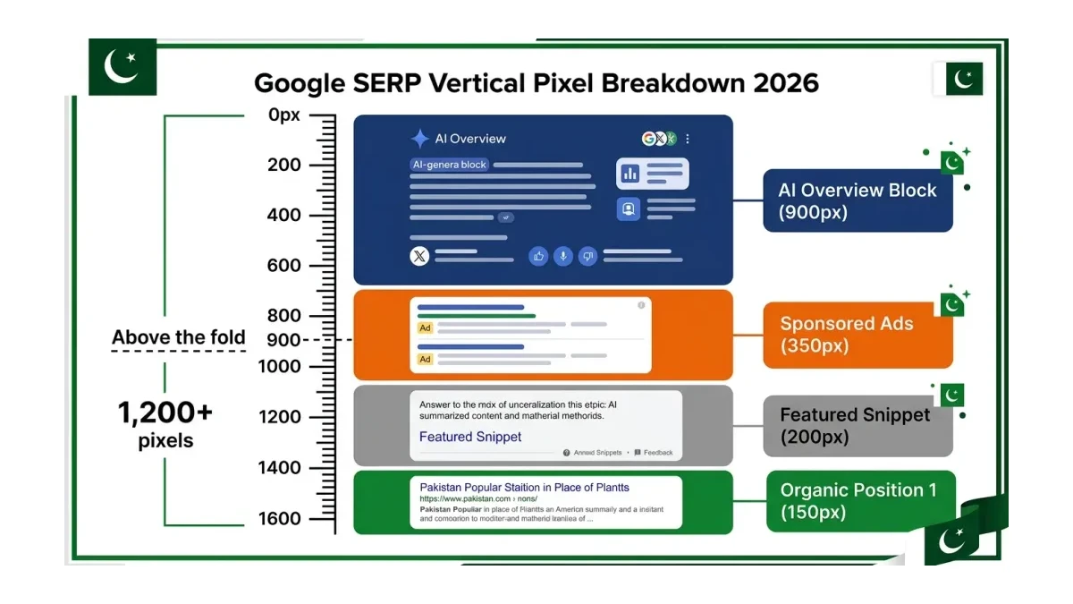 Infographic: Vertical pixel breakdown of a Google SERP in 2026 showing AI Overview, sponsored ads, and organic results pushed below the fold