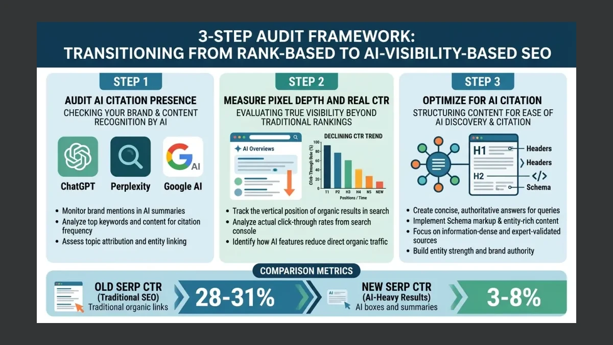 Infographic: Three-step audit framework for transitioning from rank-based to AI-visibility-based SEO measurement