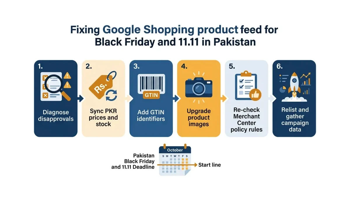 Infographic: six-step pipeline to fix a Google Shopping product feed before Black Friday