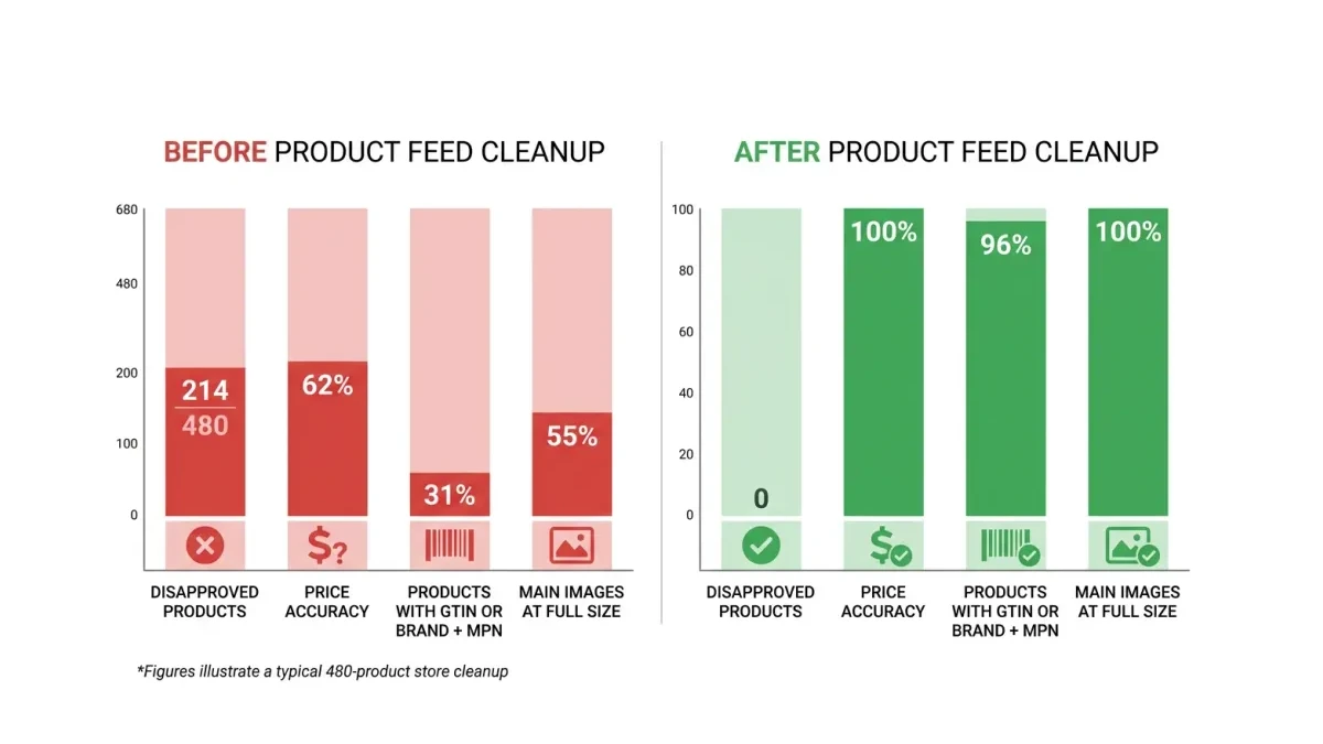 Infographic: a Pakistani store's product feed before and after cleanup, from disapprovals to daily sync