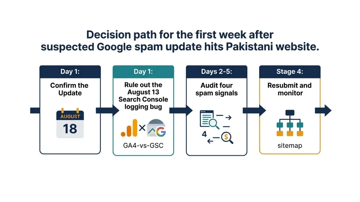 Infographic: a decision path for the first week after a suspected Google spam update hit, moving from confirming the August 18 rollout date, to ruling out the August 13 Search Console logging bug, to auditing four spam signals and resubmitting.