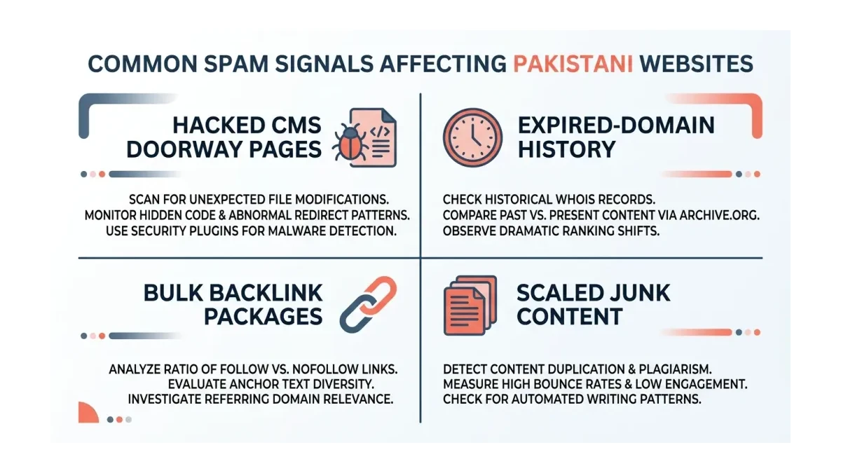 Infographic: the four spam signals that most often hit Pakistani websites, shown as a quadrant covering hacked CMS doorway pages, expired-domain history, bulk backlink packages, and scaled junk content, each with its detection method.