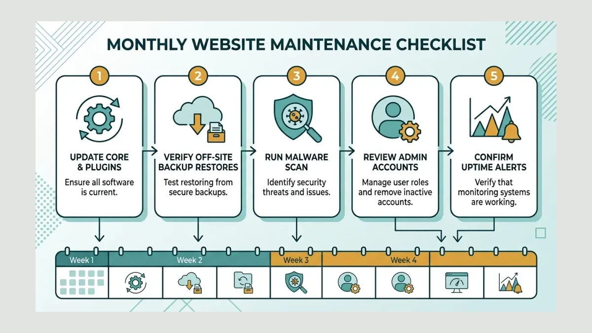 Infographic: A five-step monthly website maintenance checklist showing updates, off-site backup verification, malware scanning, admin account review, and uptime monitoring with calendar icons.