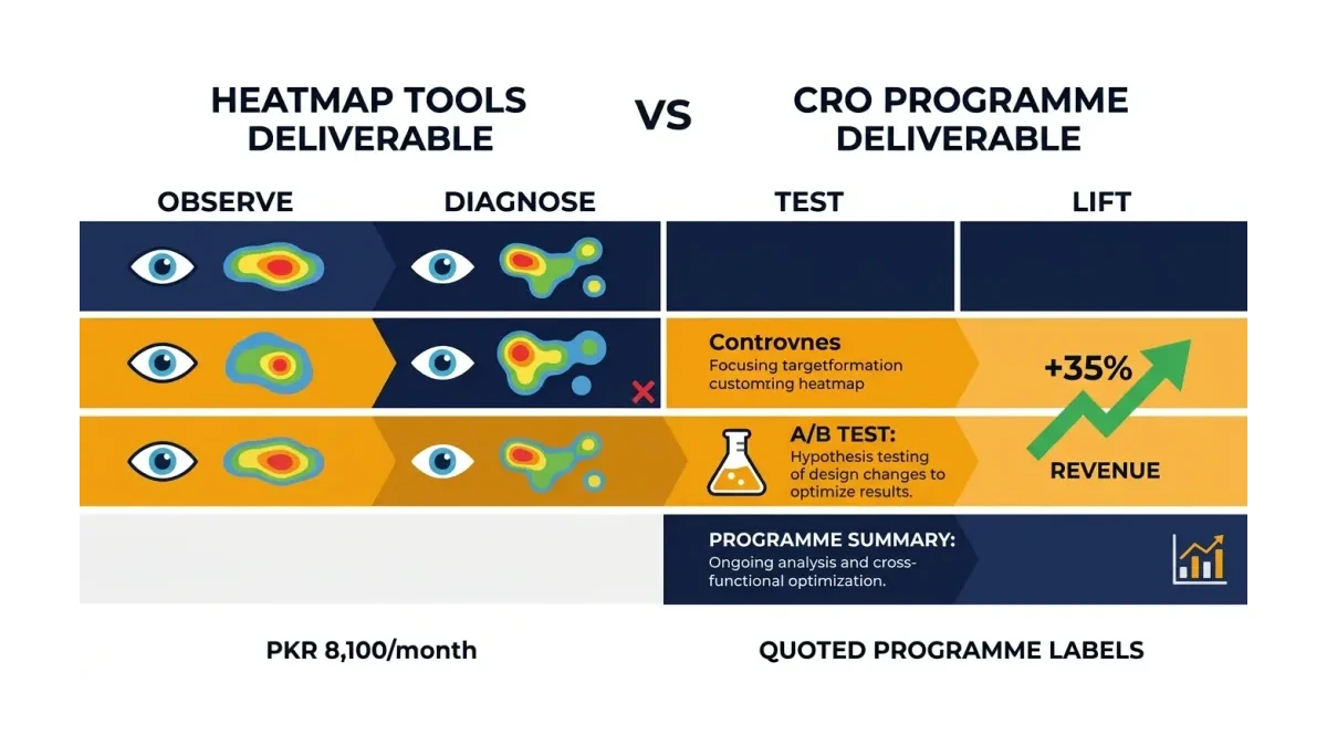 Infographic: Bar chart comparing what heatmap tools deliver versus what a CRO programme delivers across four stages: observe, diagnose, test, and lift.