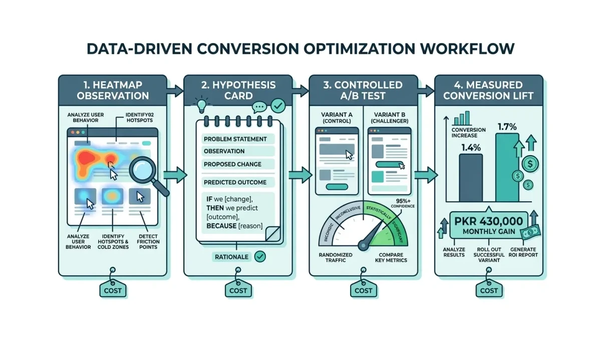 Infographic: Four-step flow from heatmap observation to hypothesis, controlled A/B test, and measured conversion lift, with cost and outcome at each step.