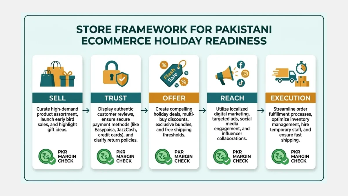 Infographic: The STORE framework for Pakistani ecommerce holiday readiness, five sequential steps from Sell to Execution with PKR margin checks at each stage