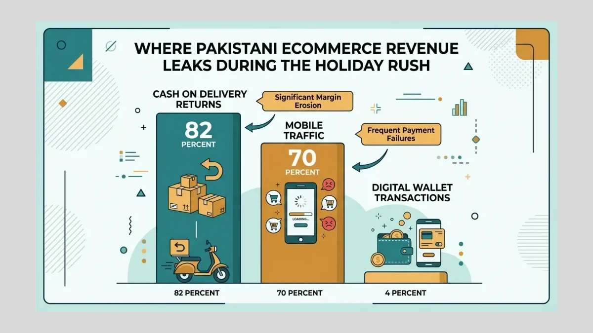 Infographic: Where Pakistani ecommerce revenue leaks during the holiday rush across the five STORE steps, showing COD returns, payment failures, and margin erosion