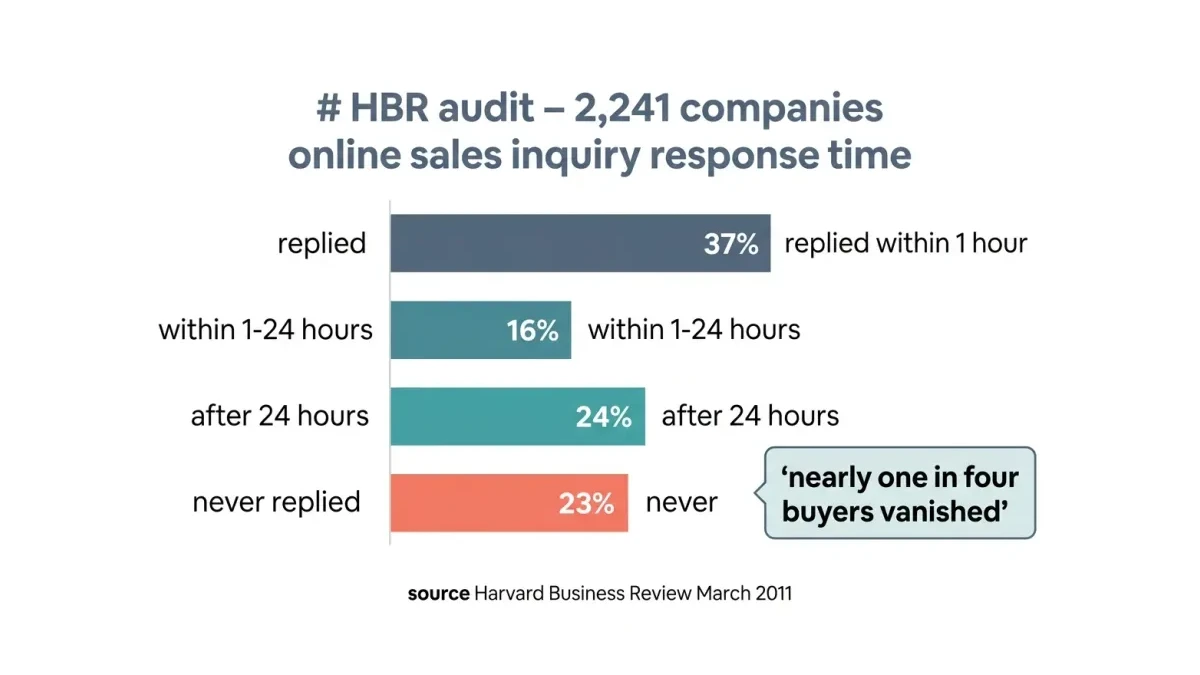 Infographic: Infographic of an HBR audit of 2,241 companies showing what happened to their online sales inquiries: 37% replied within