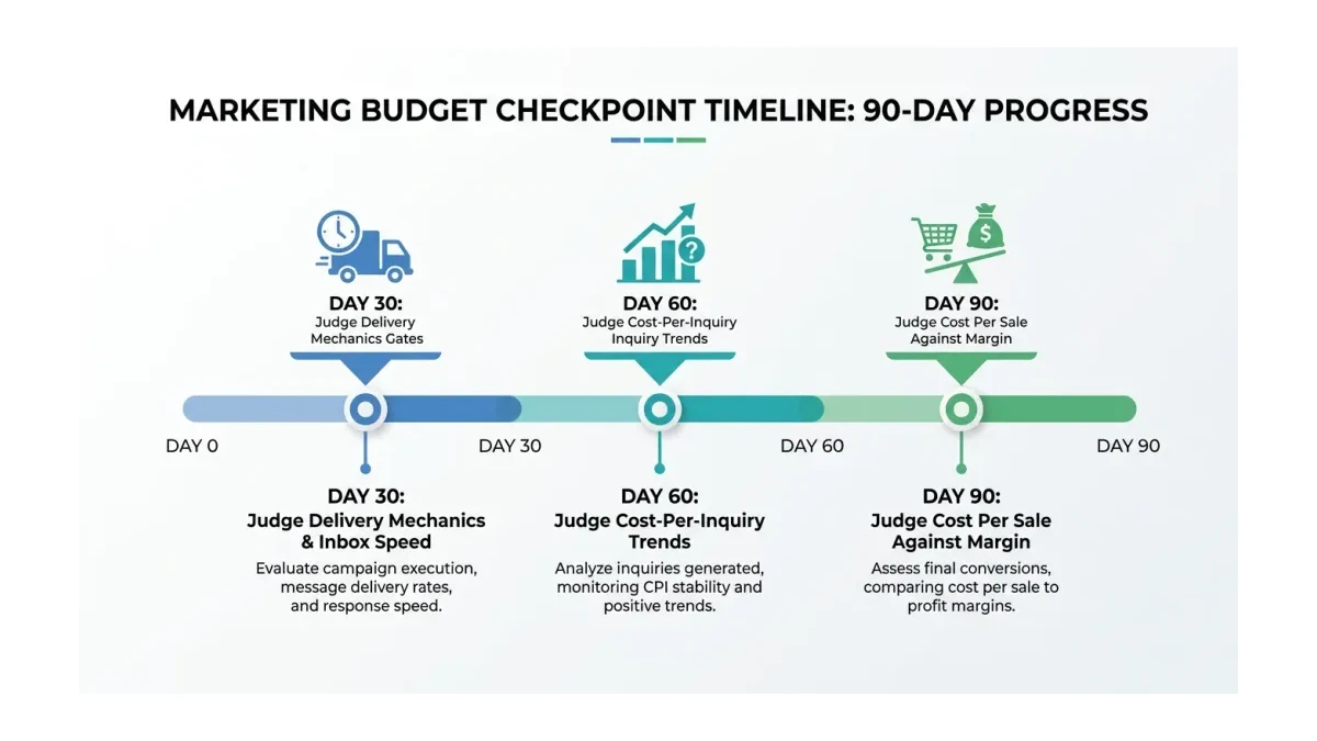 Infographic: Timeline infographic of the three checkpoint gates for marketing budgets: Day 30 judge delivery mechanics and inbox spee