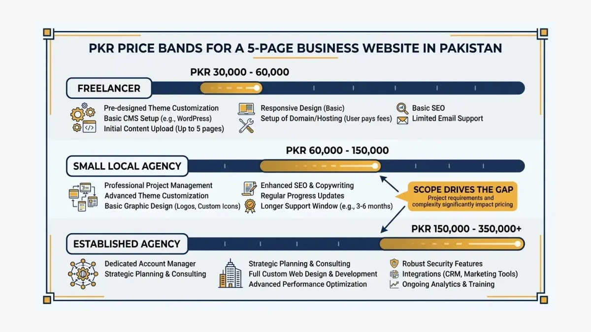 Infographic: A bar chart of website build costs in Pakistan, from PKR 30,000 freelancer sites to PKR 350,000 agency builds.