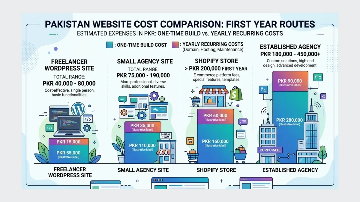 Infographic: First-year totals for four website routes stack build fees on top of hidden yearly domain, hosting and maintenance costs.