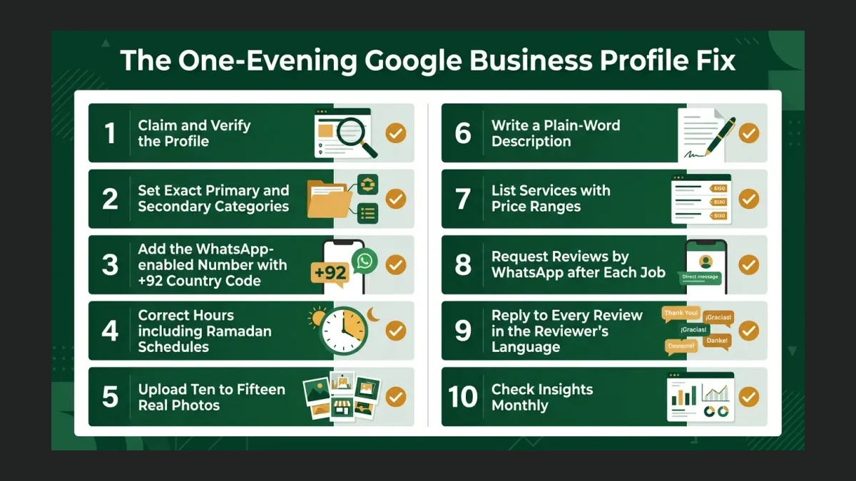 Infographic: The One-Evening Google Business Profile Fix — a ten-step checklist in two columns.