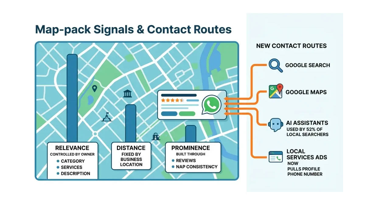 Infographic: Map-pack ranking signals — relevance, distance, and prominence as weighted bars on a stylized map.