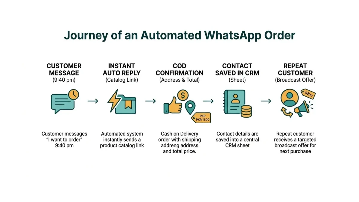 Infographic: The journey of an automated WhatsApp order from message to repeat customer