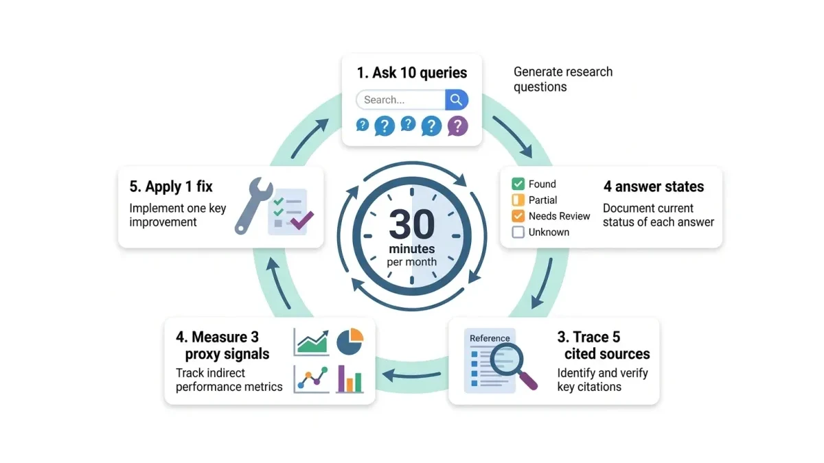 Infographic: A five-step monthly routine for checking what AI assistants say about a local business.