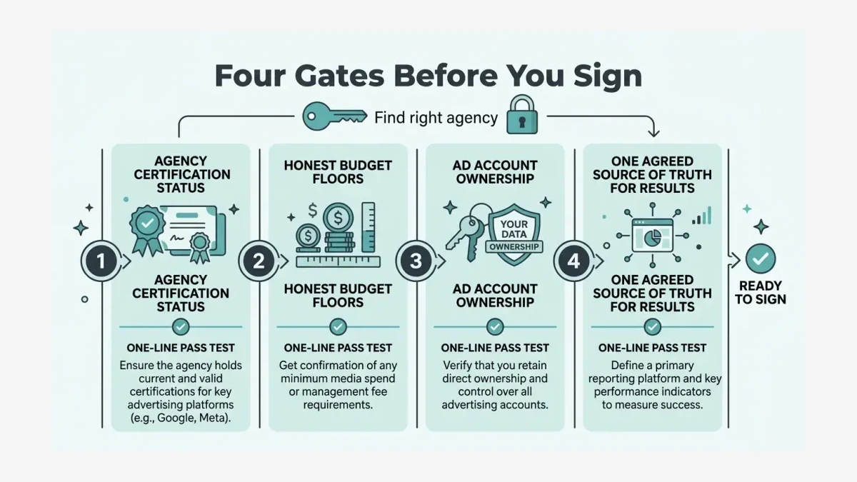 Infographic: Checklist of four gates to pass before signing a TikTok ads agency contract in Pakistan.