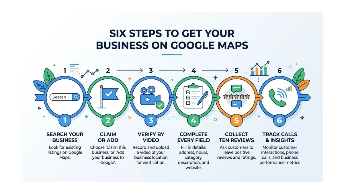 Infographic: Six-step flow from claim and verify to complete, review, post, and track a Google Business Profile.
