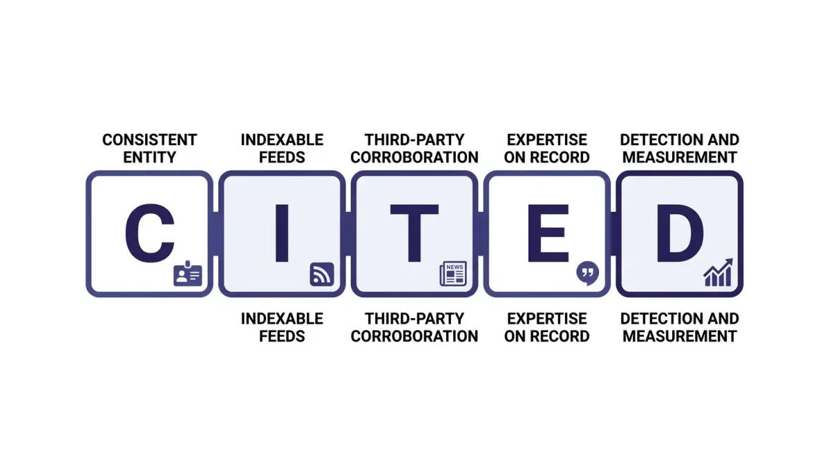 This infographic shows the five levers of the CITED framework as a connected sequence: consistent entity, indexable feeds, third-party corroboration, expertise on record, and detection and measurement.