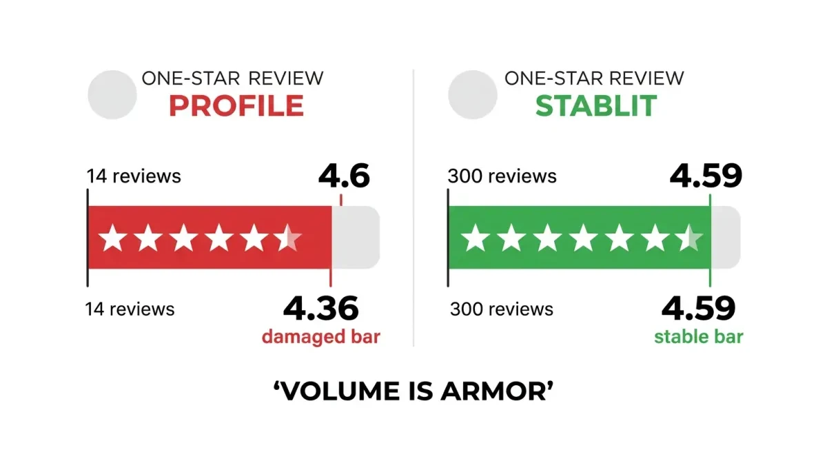 Infographic: how one bad review damages a 14-review rating but not a 300-review rating
