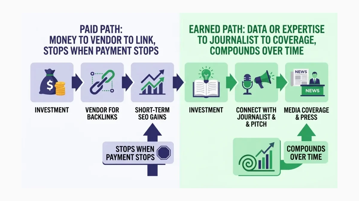 Infographic: Earned media compounds over time while paid coverage stops when payment stops.