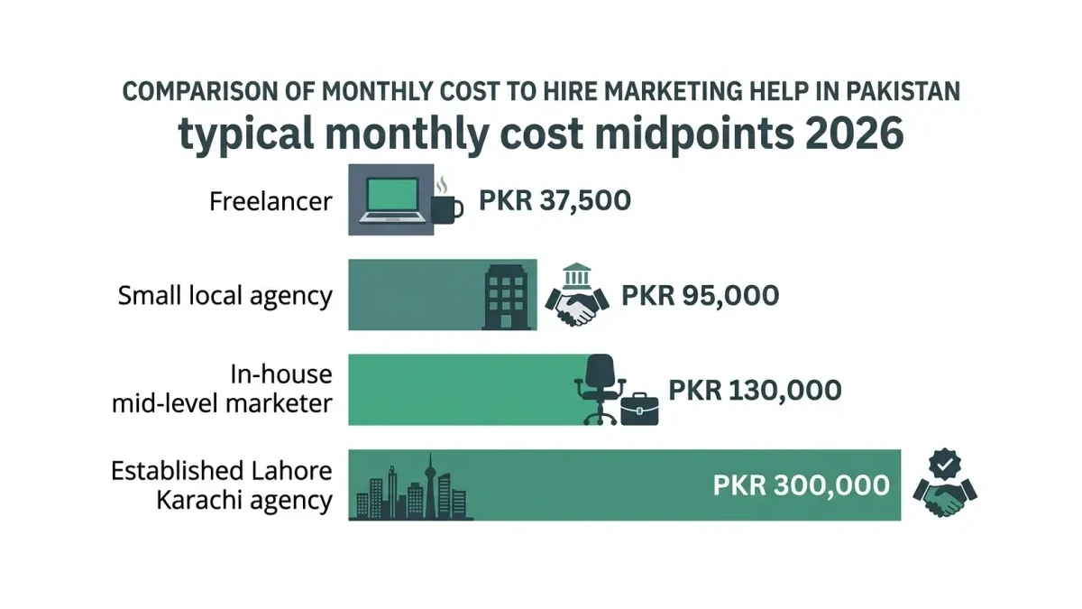 Infographic: Infographic bar chart comparing typical monthly cost in PKR of hiring marketing help in Pakistan: four horizontal bars l