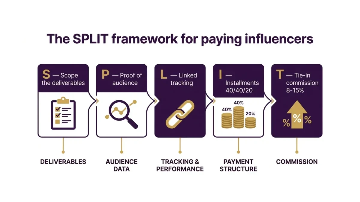 Infographic: The SPLIT framework for influencer payments - Scope, Proof, Linked tracking, Installments, Tie-in bonus