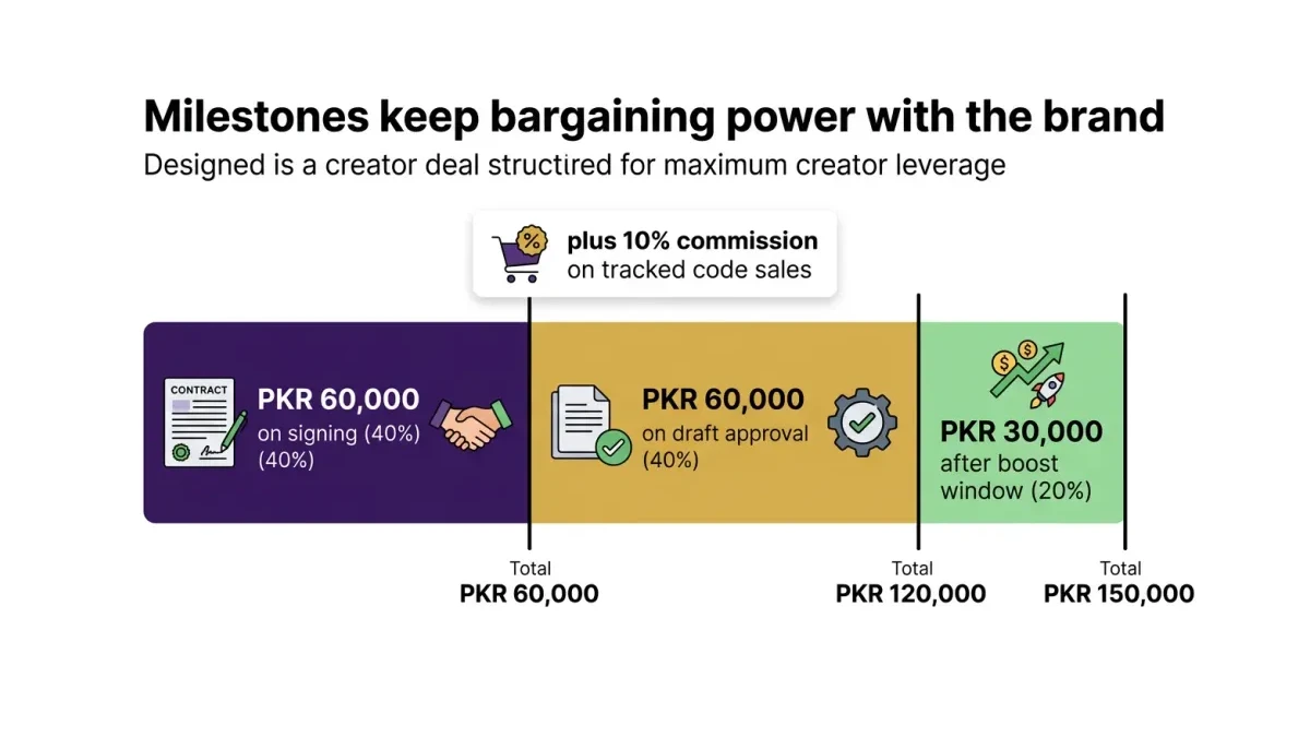 Infographic: Milestone payment flow for a PKR 150,000 influencer campaign with commission tie-in