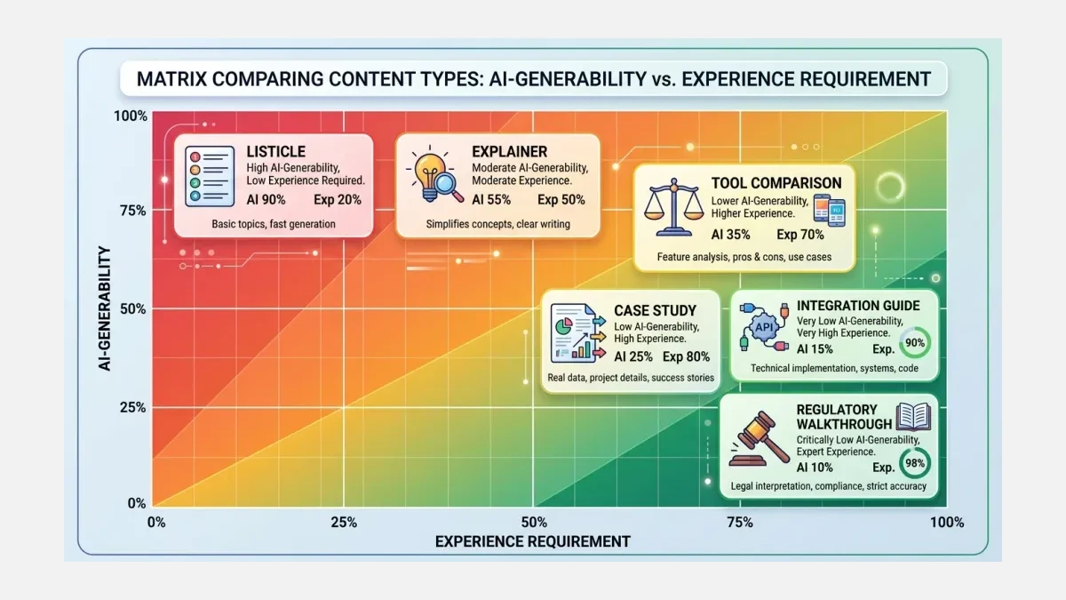Infographic: content types ranked by AI-extractability vs experience requirement