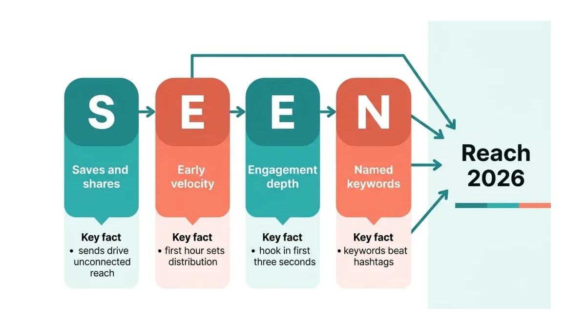 Infographic: The SEEN framework diagram showing four signals that decide Instagram reach.