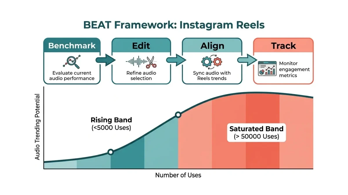 Infographic: BEAT framework diagram showing Benchmark, Edit, Align, and Track stages with the rising-versus-peak audio curve