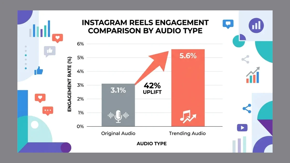 Infographic: Engagement comparison chart trending audio 5.6% vs original audio 3.1% with the 42% uplift arrow