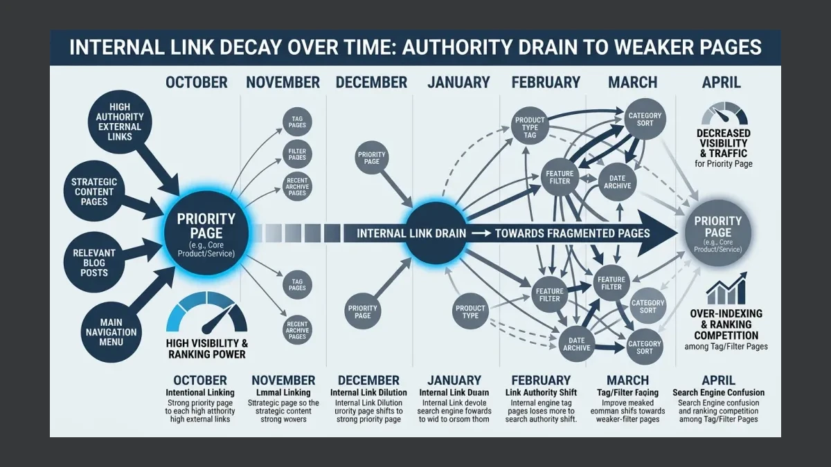 Infographic: How internal link decay strands SEO equity on a Pakistani site over time