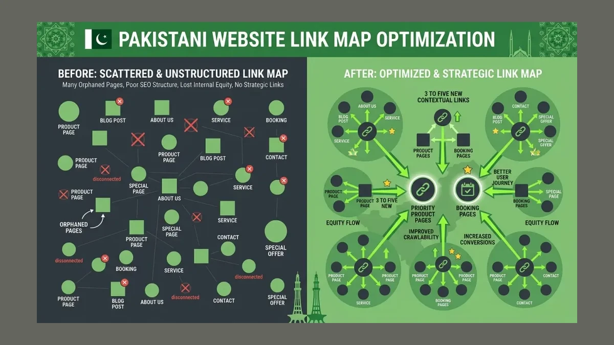 Infographic: Before-and-after internal linking showing equity redirected to priority pages