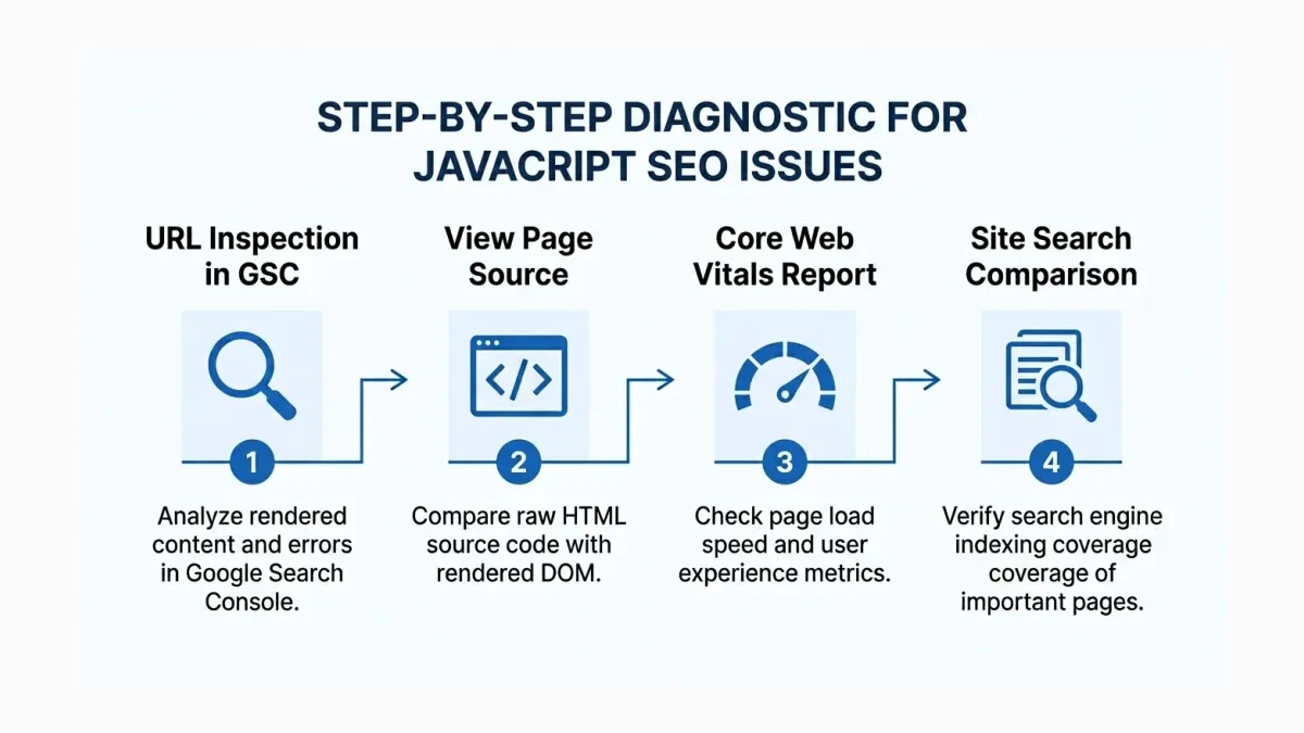 Infographic: Step-by-step JavaScript SEO diagnostic flowchart for Pakistani websites