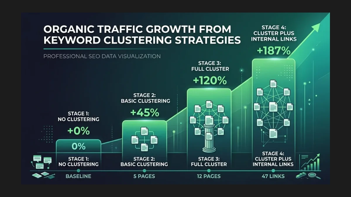 Infographic: Organic Traffic Growth from Keyword Clustering — Full cluster with internal links drives +187% growth