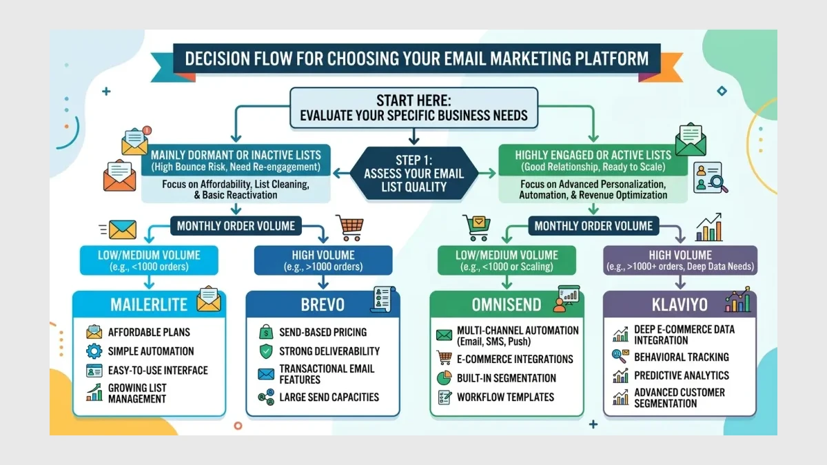 Infographic: Decision flow for choosing Klaviyo vs Omnisend vs Brevo vs MailerLite based on list quality and monthly order volume