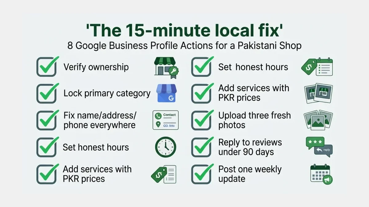Infographic: Checklist diagram titled 'The 15-minute local fix' listing eight Google Business Profile actions for a Pakistani shop: v