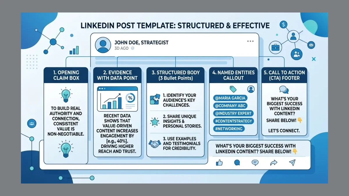 Infographic: LinkedIn post structure template optimized for AI citation showing the opening claim, evidence, structured body, and named entity elements
