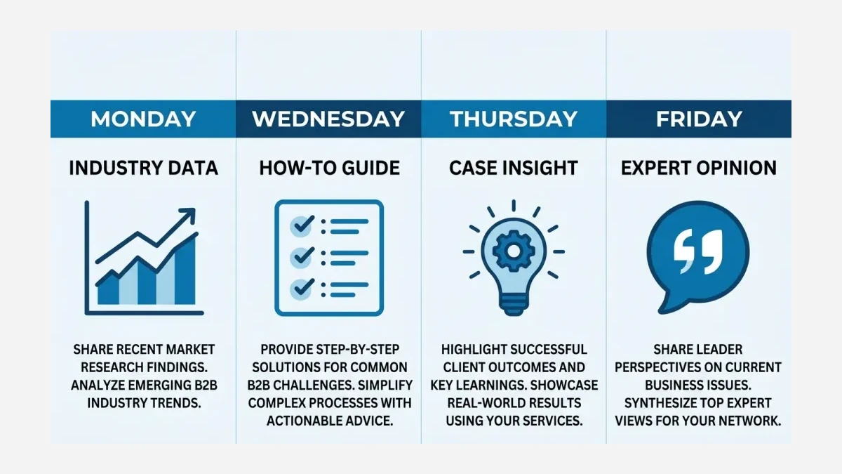 Infographic: Weekly LinkedIn content calendar for Pakistani B2B companies showing the four post types — industry analysis, how-to guide, case data, and expert opinion