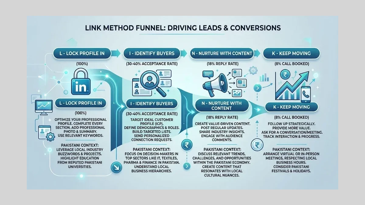 Infographic: LINK method funnel showing conversion rates at each step for Pakistani B2B companies