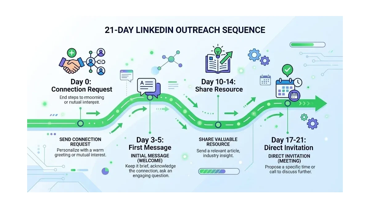 Infographic: LinkedIn outreach timeline showing the 21-day sequence from connection to discovery call