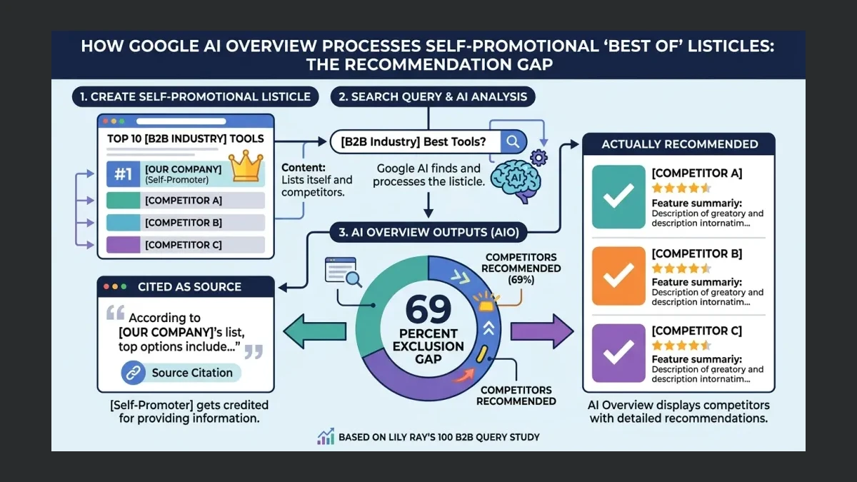 Infographic: How a self-promotional listicle gets cited in the AI Overview while competitors listed inside it receive the recommendation, showing the 69 percent exclusion gap from Lily Ray's 100-query study.