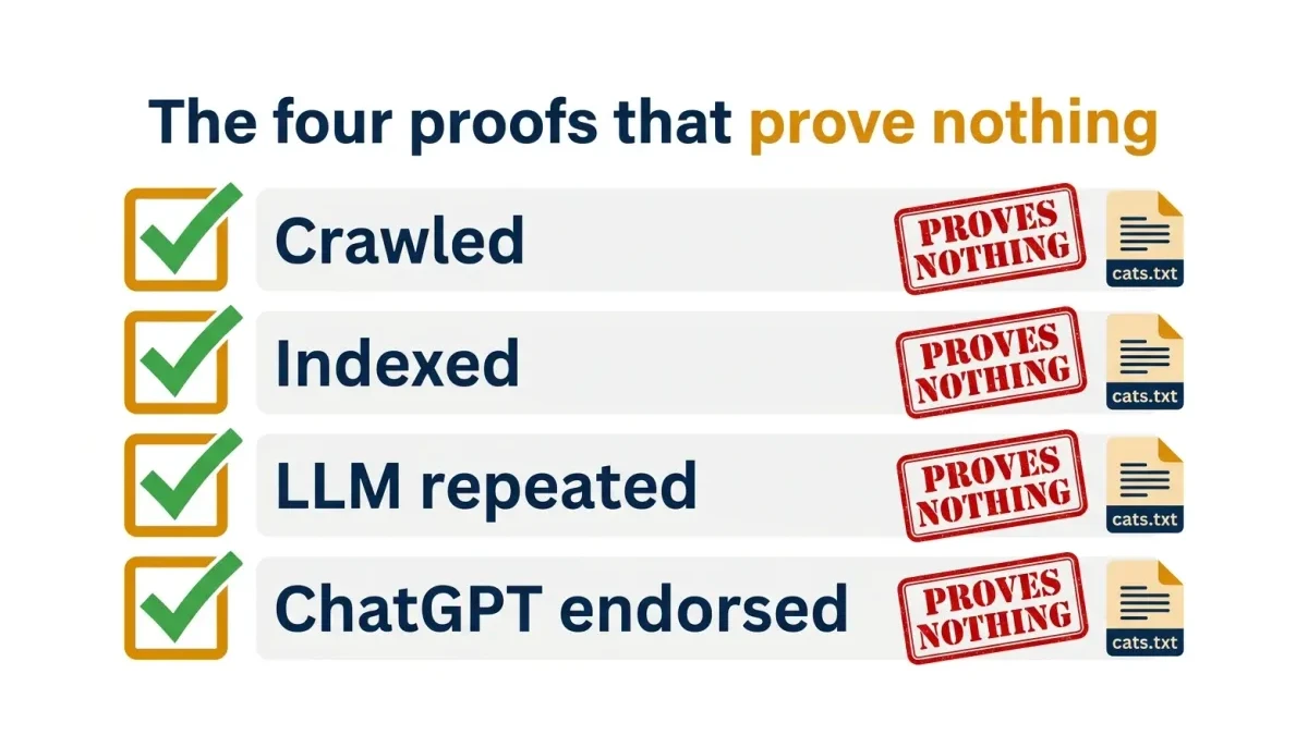 Infographic: Infographic-style checklist titled 'The four proofs that prove nothing' with four checked rows (Crawled, Indexed, LLM re