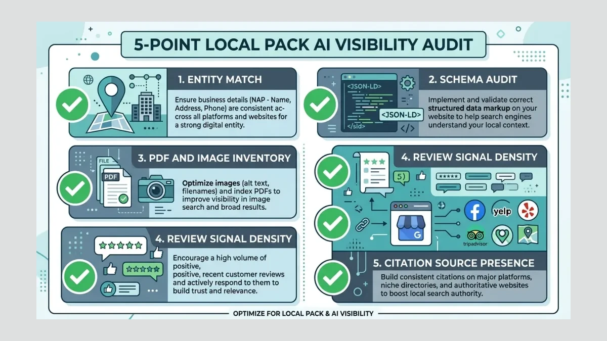 Infographic: Infographic showing the 5-point Local Pack AI visibility audit as a vertical checklist — Entity Match, Schema Audit, P