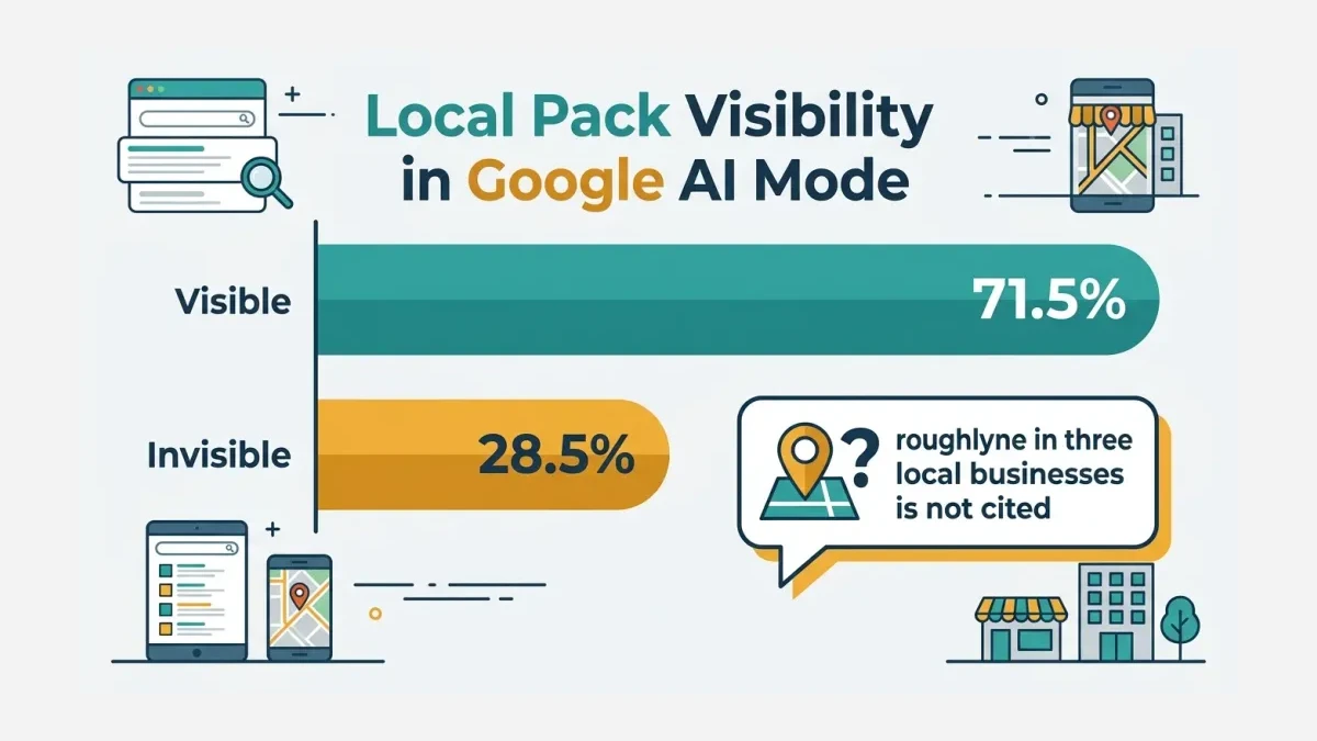 Infographic: Infographic comparison bar chart titled Local Pack Visibility in Google AI Mode with two horizontal bars — Visible 71.