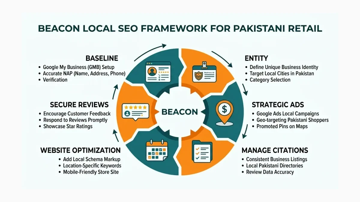Infographic: The BEACON local visibility framework applied to a Pakistani retail business