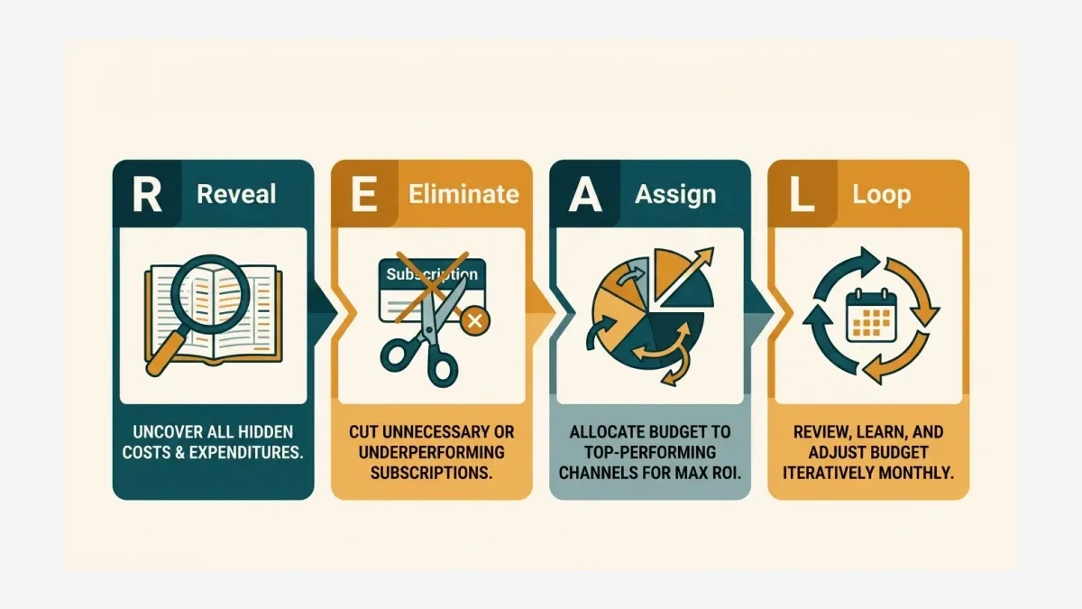 Infographic: the four-step REAL marketing budget framework shown as connected blocks