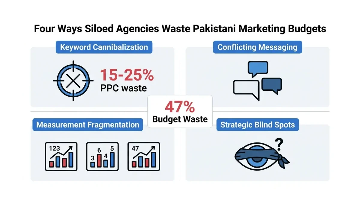Infographic: Four failure modes of siloed agencies — keyword overlap, messaging conflict, fragmented measurement, strategic blind spots