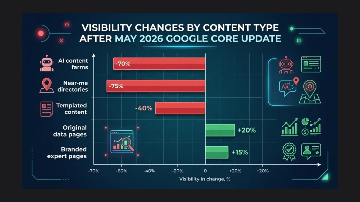 Infographic: Visibility changes by content type after the May 2026 Core Update rollout