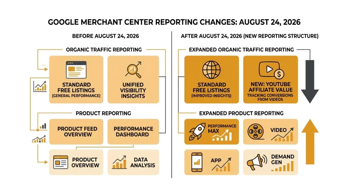 Infographic: Merchant Center August 24 reporting change, organic traffic reclassified out while product-level reporting expands